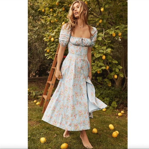 House of CB Dresses & Skirts - House of CB Tallulah Blue Vintage Floral Puff Sleeve Midi Dress NWT